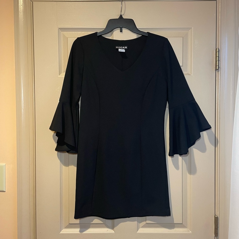 Rodan Elegant Black Flared Sleeve Dress, Poly/Spandex Blend, Size Small